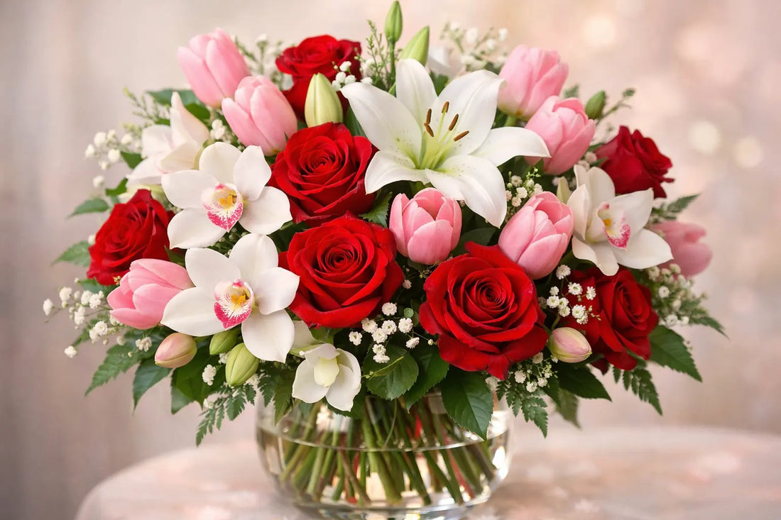 Romantic Valentine’s Day flower bouquet with red roses, tulips, lilies, and orchids in Plainview NY