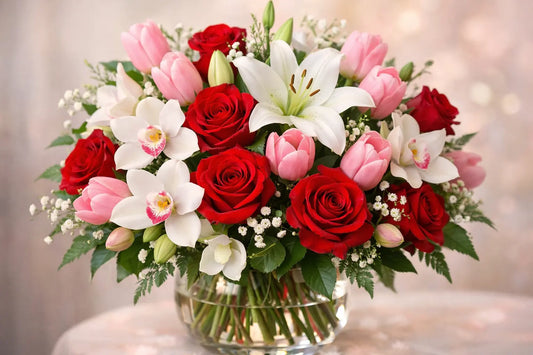Romantic Valentine’s Day flower bouquet with red roses, tulips, lilies, and orchids in Plainview NY