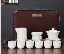 ZCL Stone Glaze Viewing Mountain Travel Tea Set (11 pcs, White with Gold Trim)
